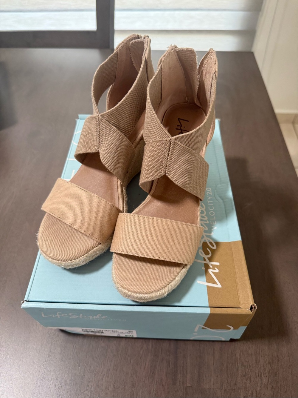Life Stride Women's Beige Crisscross Espadrille Wedge Sandals